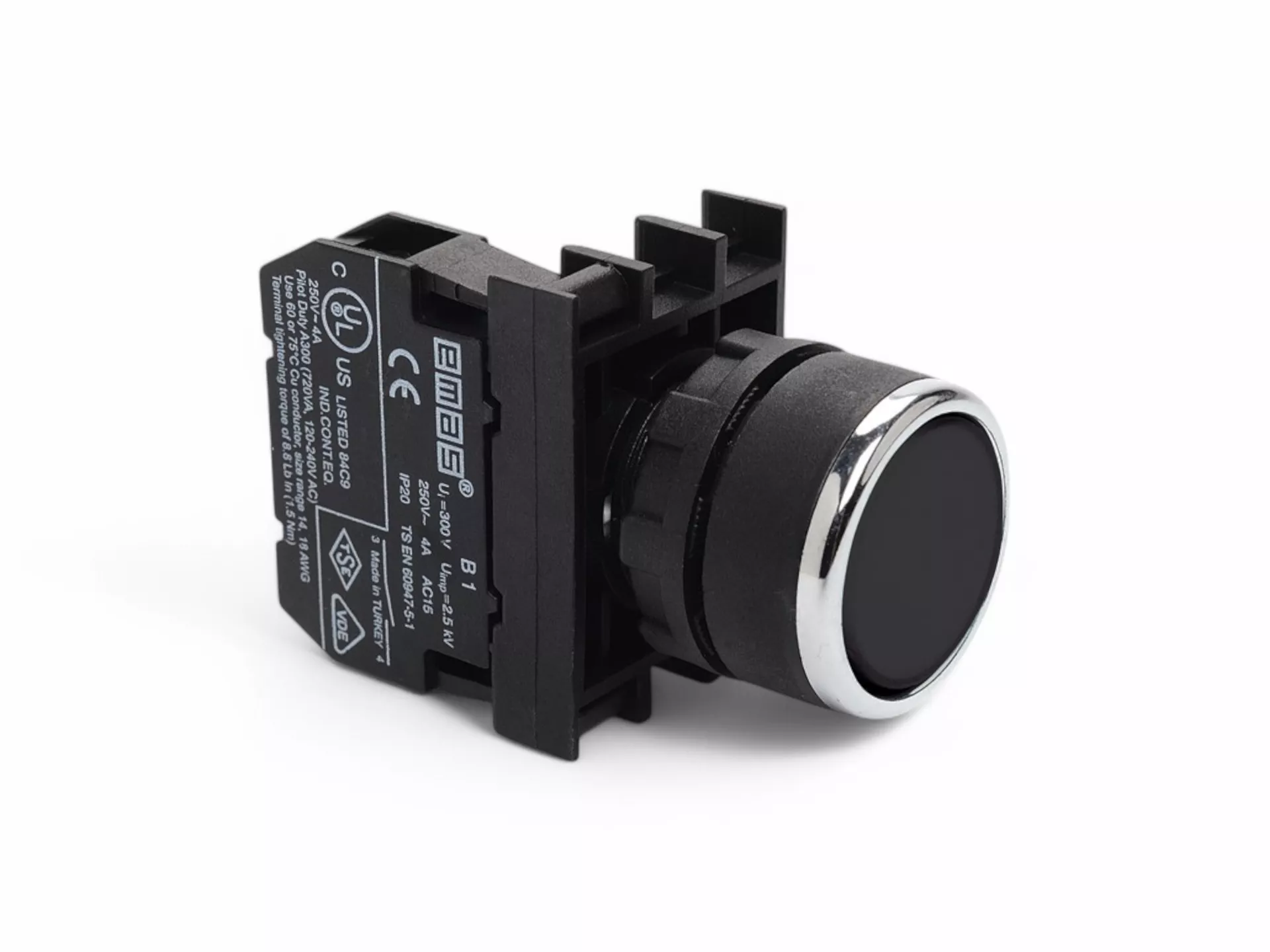 B Serisi Plastik 1NO Yaylı Düz Siyah 22 mm Buton