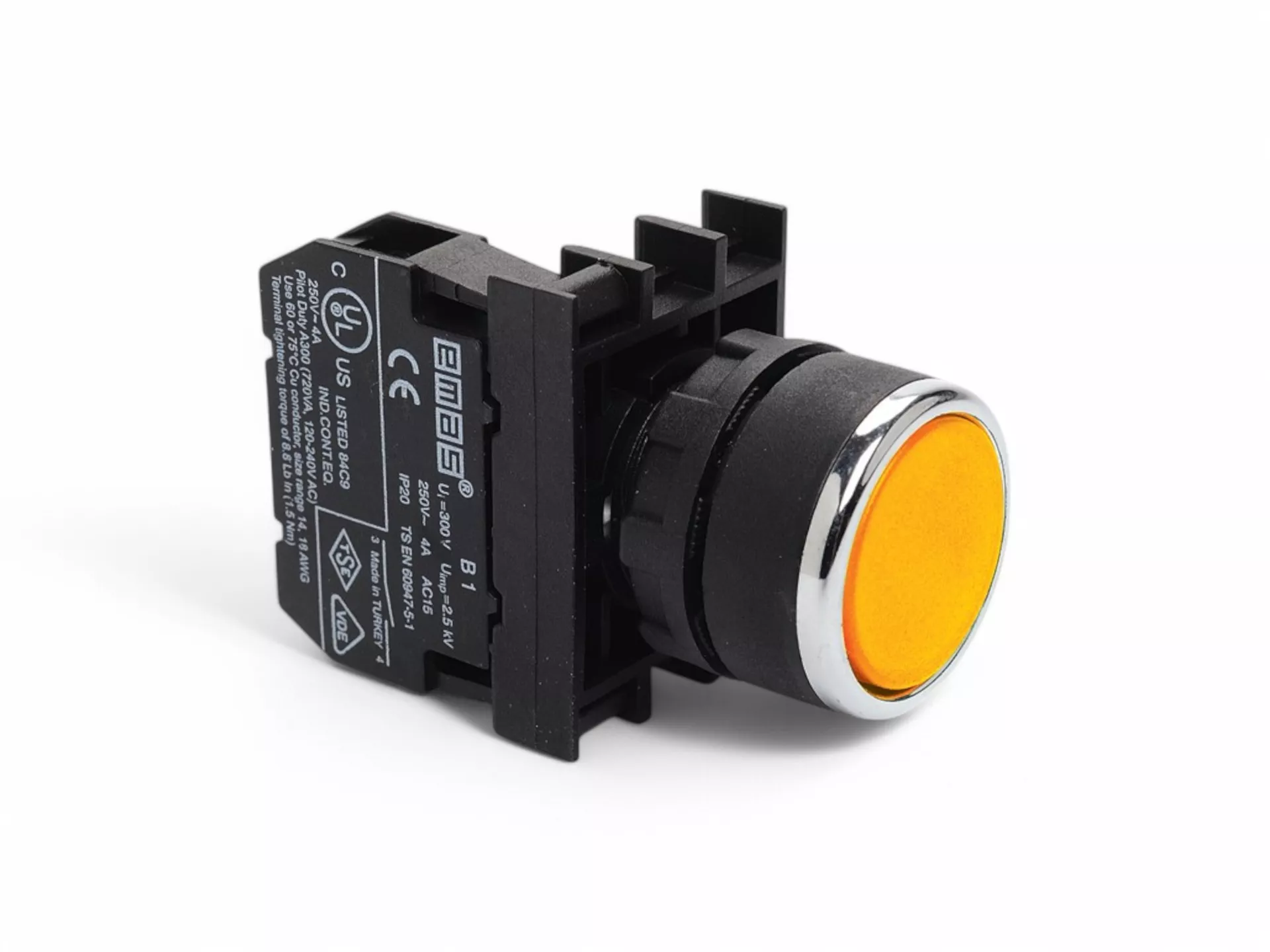 B Serisi Plastik 1NO Yaylı Düz Sarı 22 mm Buton